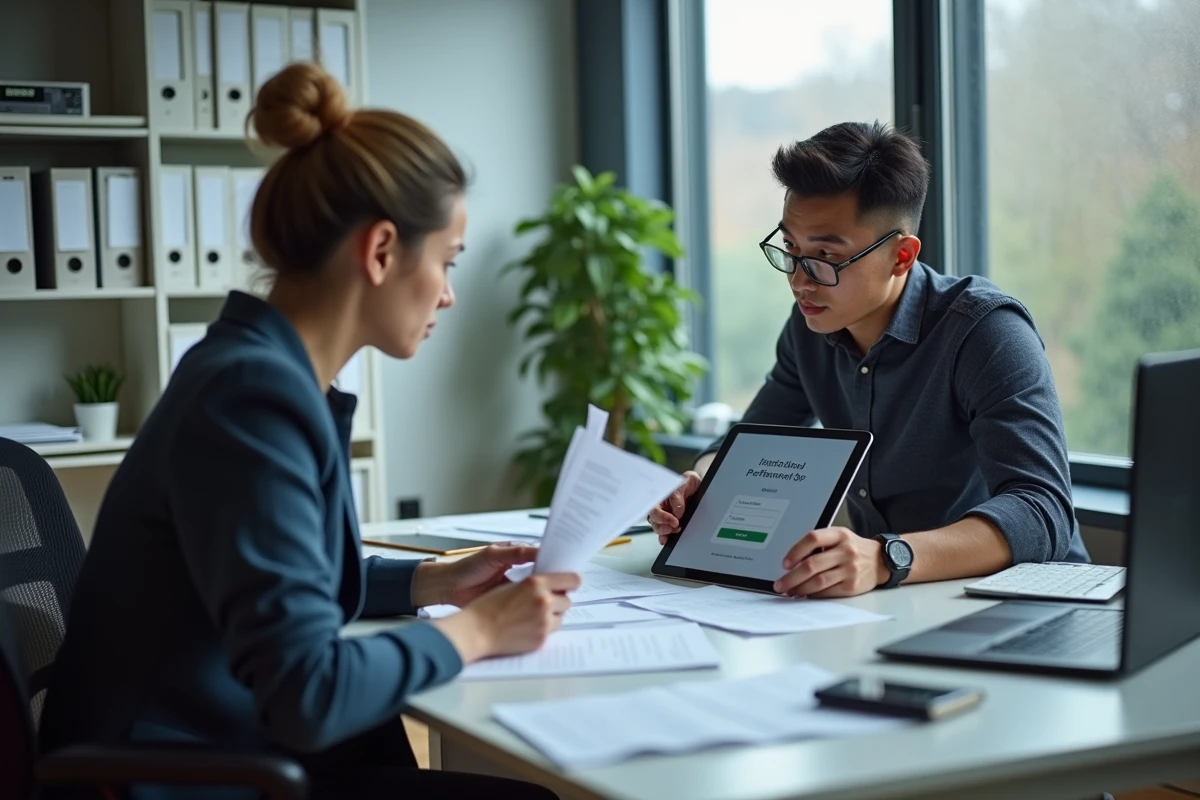Deux collègues examinant des documents et une tablette affichant des interfaces de connexion à des plateformes institutionnelles dans un bureau administratif