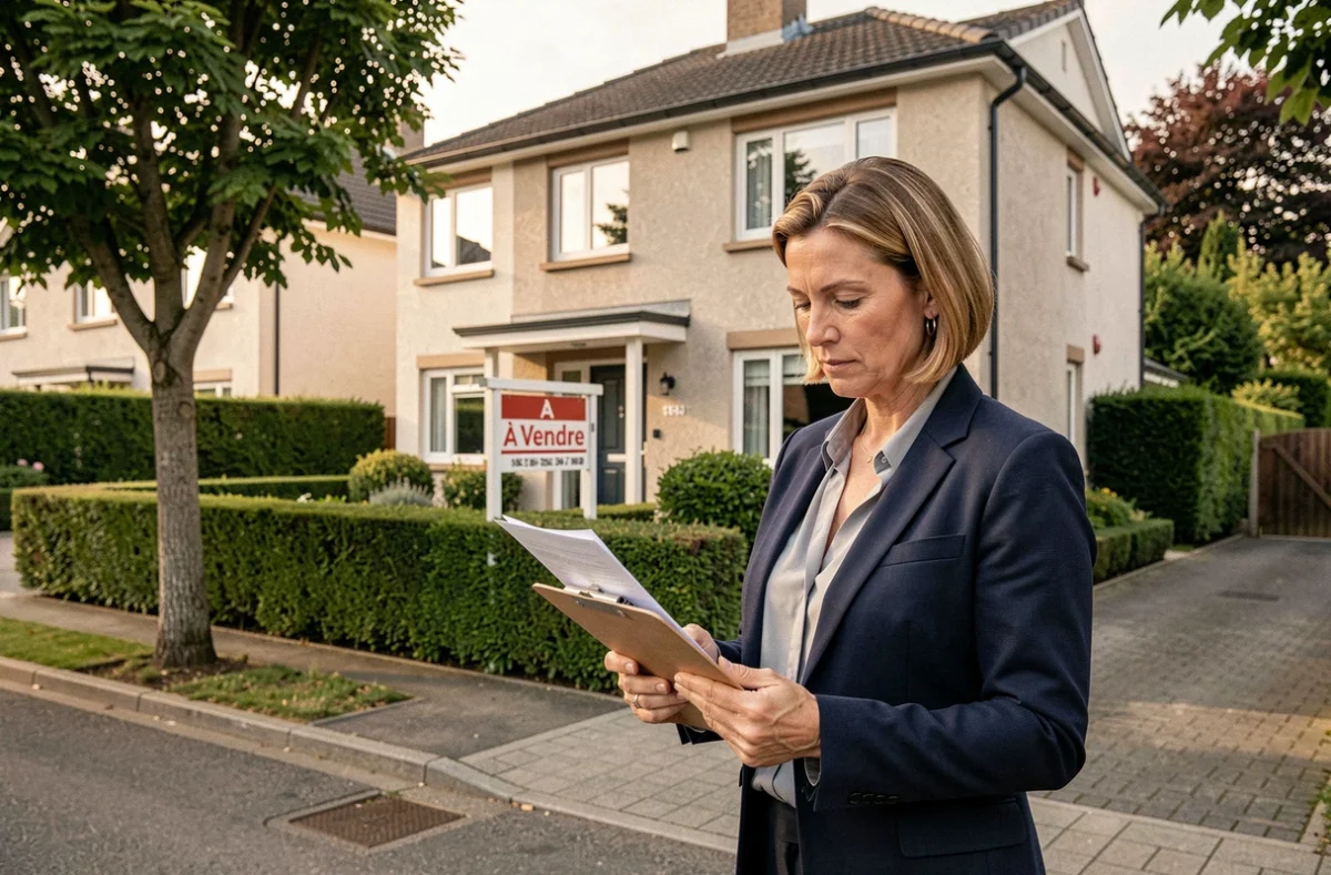 Agent immobilière devant une maison à vendre avec panneau immobilier et documents de vente