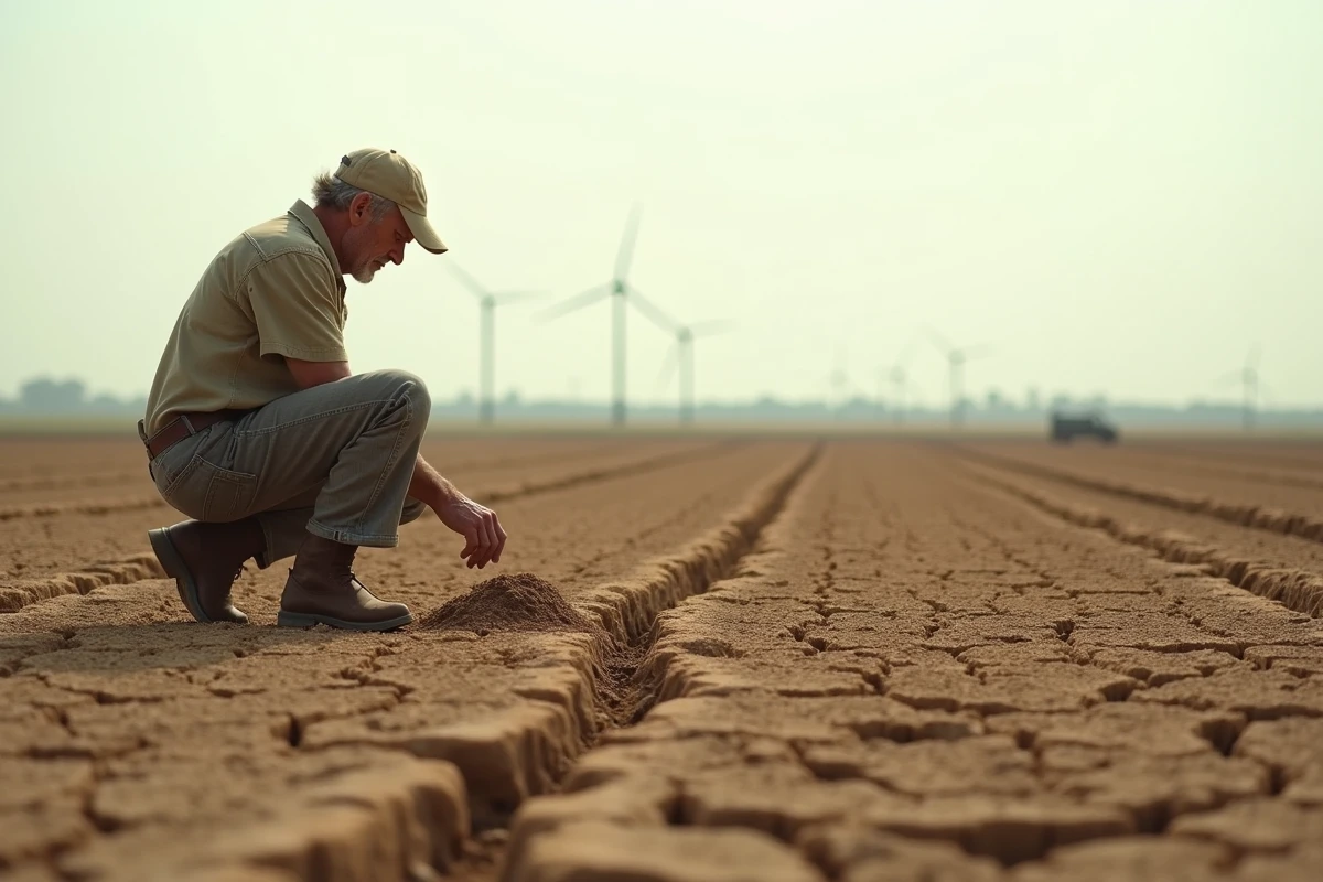 Agriculteur inspectant un sol aride et desséché symbolisant les défis climatiques de 2050