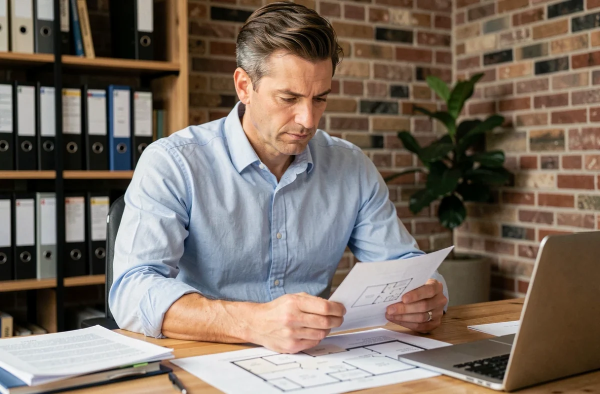 Homme analysant des documents immobiliers dans un bureau moderne pour préparer son premier investissement