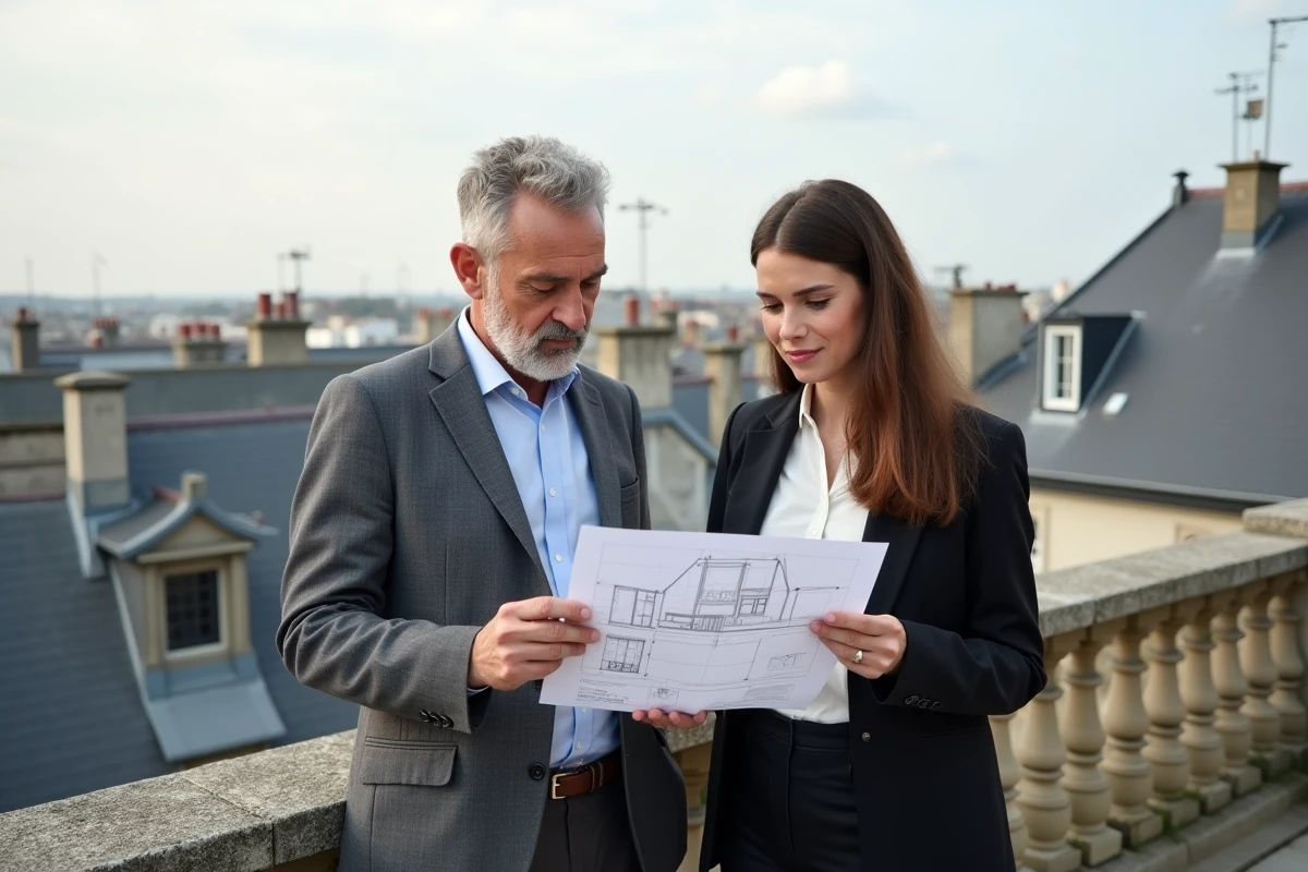 Architecte et homme étudiant des plans sur un balcon à Rennes