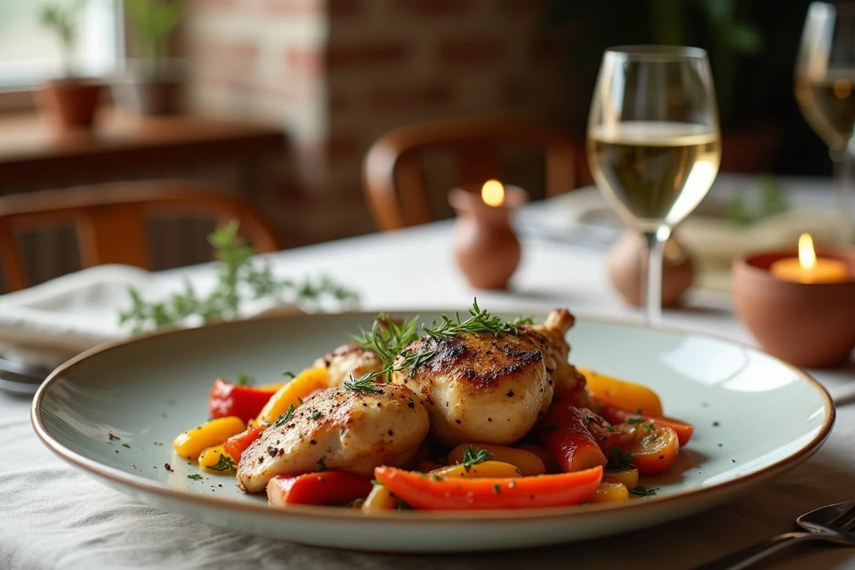 Assiette de poulet rôti et légumes présentée sur une table dressée pour un dîner convivial à la maison