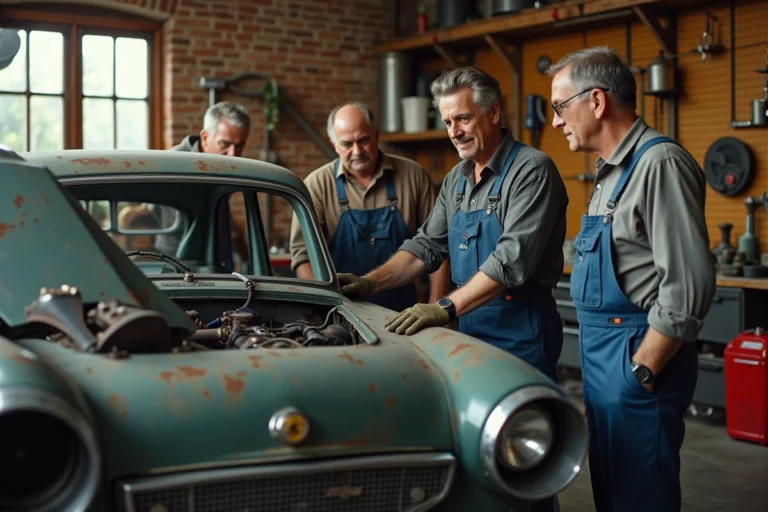 Bénévoles d'une association automobile restaurant une voiture classique des années 1960 dans un atelier vintage