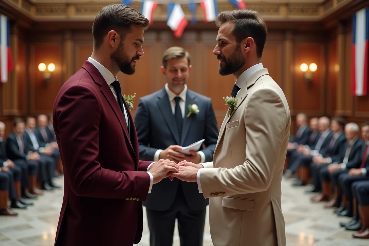 Cérémonie civile de mariage de deux hommes en mairie française avec échange des alliances