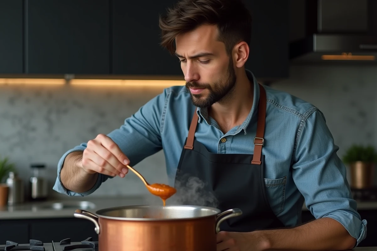 Chef cuisinier goûtant une sauce dans une casserole en cuivre dans une cuisine moderne