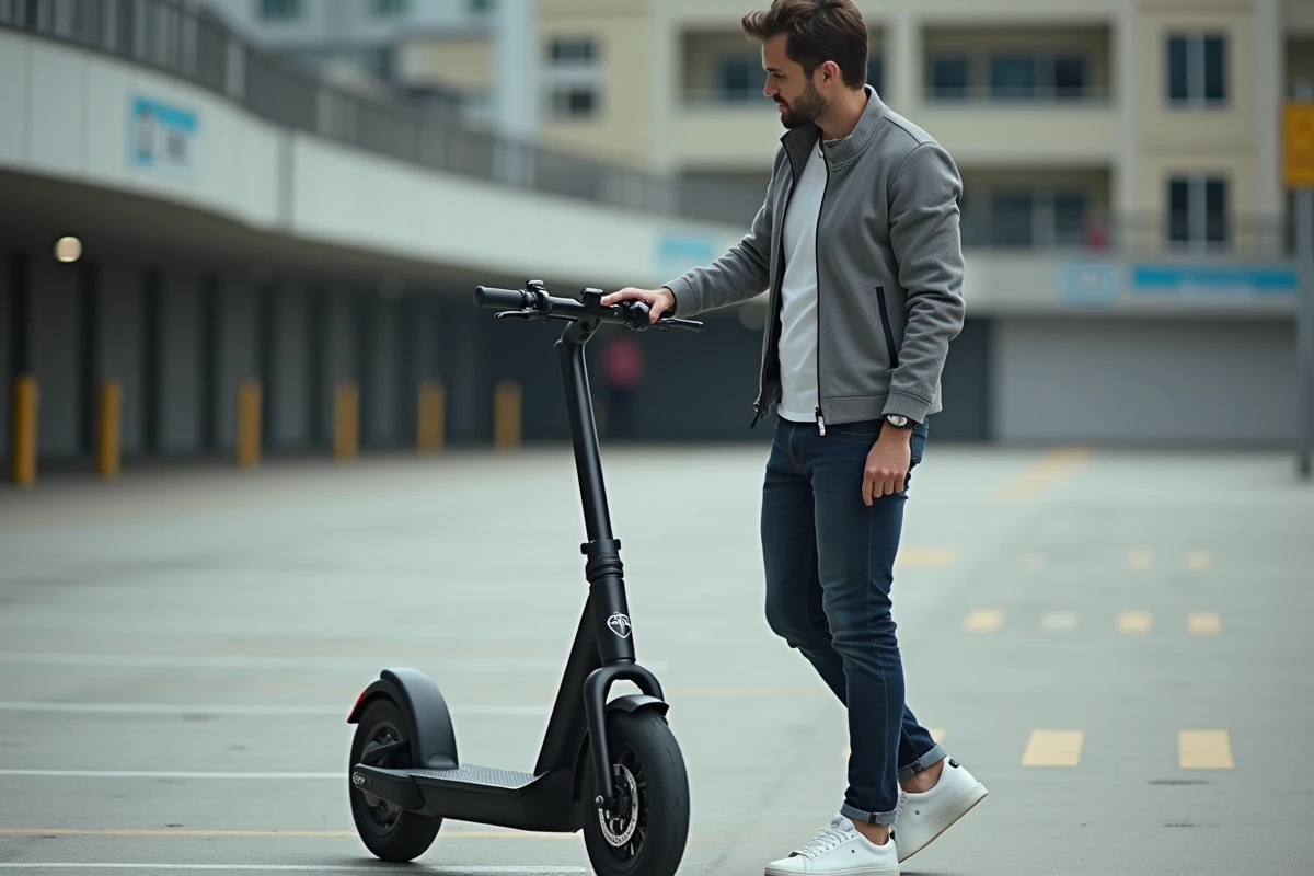 Homme adulte évaluant les dimensions d'un scooter urbain noir dans un parking, vue 3/4 corps entier