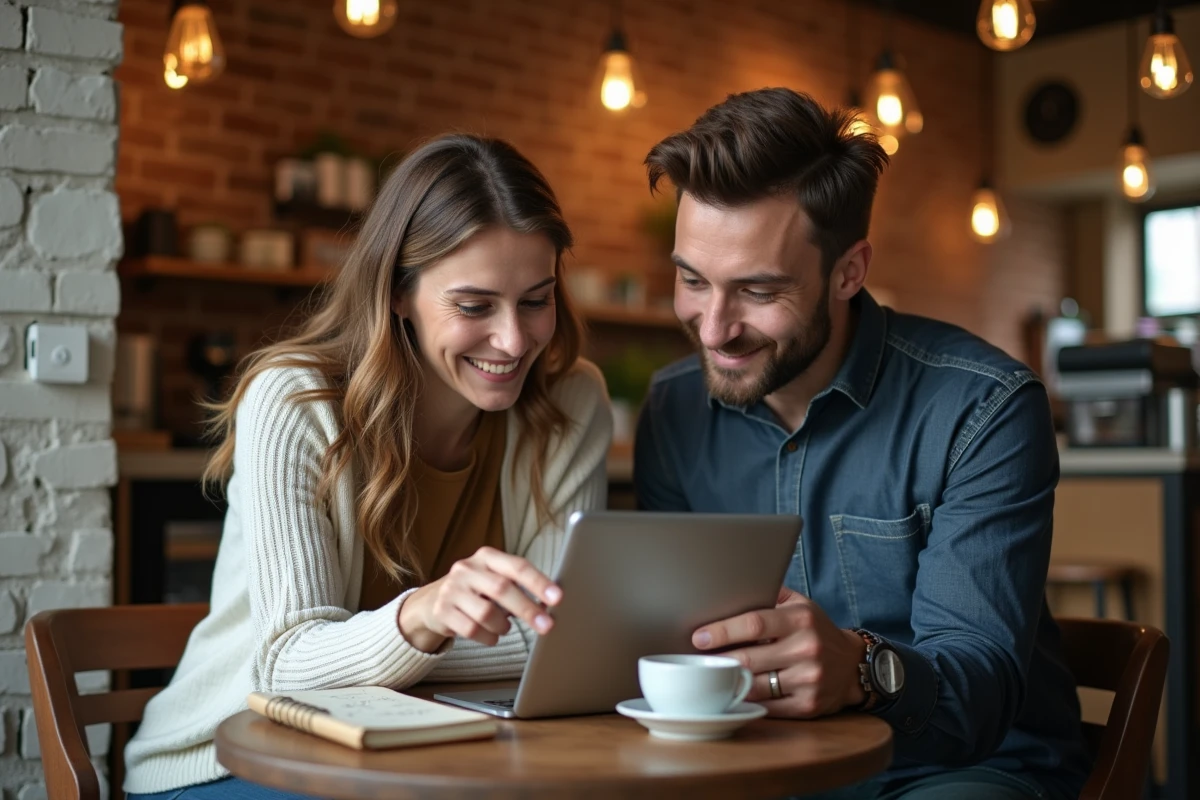 Deux collègues entrepreneurs discutant d'outils de marketing digital sur une tablette dans un café pour développer leur activité en ligne