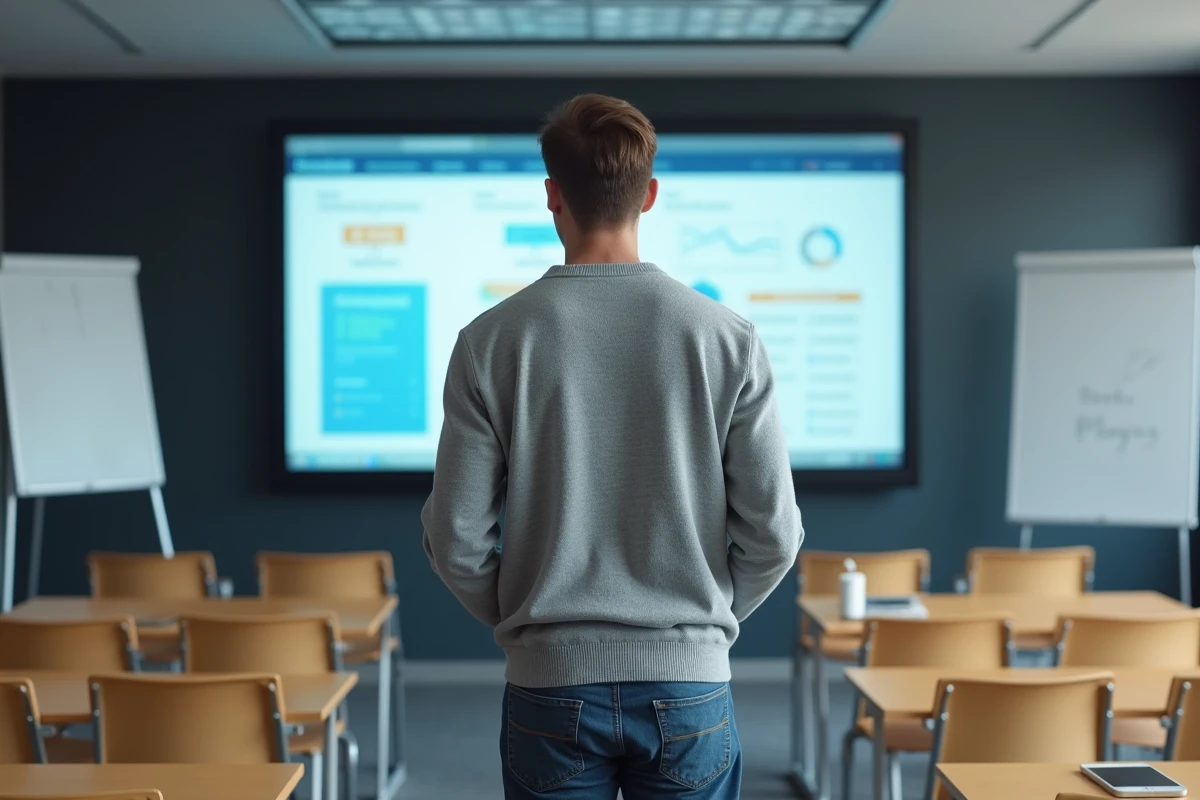 Formateur présentant une comparaison de deux plateformes de formation sur un écran mural dans une salle de réunion