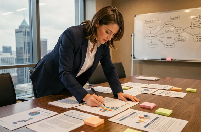 Consultante professionnelle annotant un business plan détaillé sur une table de réunion dans un bureau moderne avec vue sur la ville