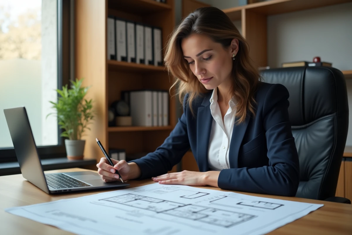 Femme consultant des documents cadastraux et plans pour corriger la surface Loi Carrez d'un logement