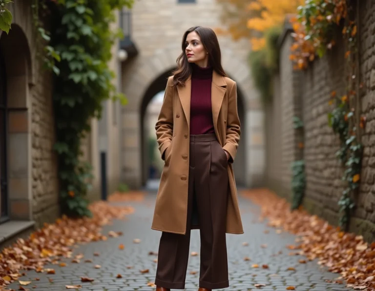 Femme portant un manteau camel et un pull bordeaux dans une ruelle pavée aux tons automnaux, illustrant les couleurs mode automne hiver 2025