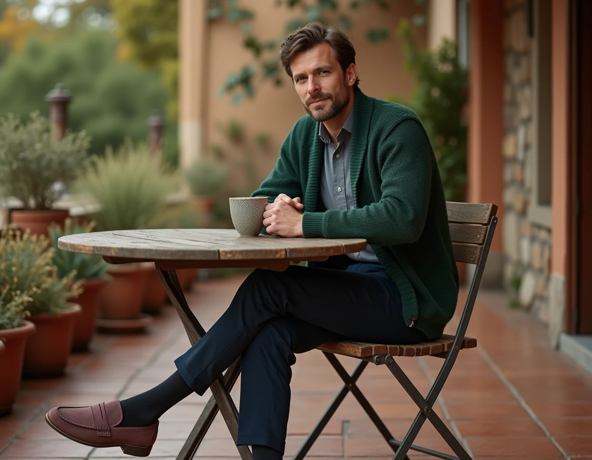 Homme en cardigan vert forêt et pantalon navy attablé en terrasse automne, illustrant les tendances couleurs homme automne hiver 2025