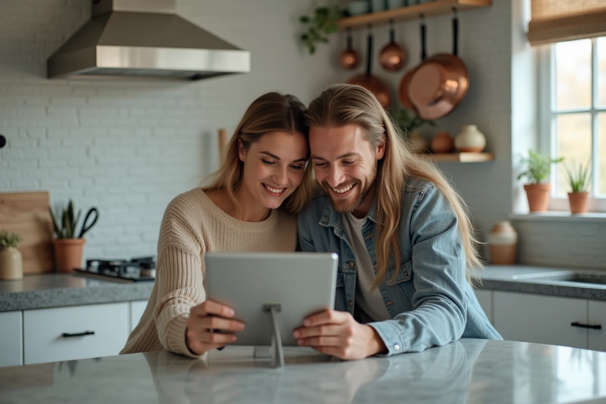 Couple choisissant un film sur une plateforme de streaming légale depuis une tablette dans leur cuisine moderne
