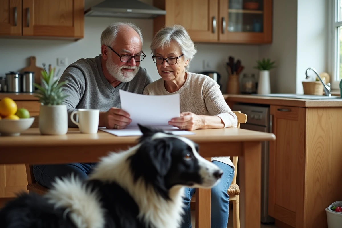 Couple consultant des documents d'assurance pour chien senior à la table de leur cuisine avec leur vieux border collie