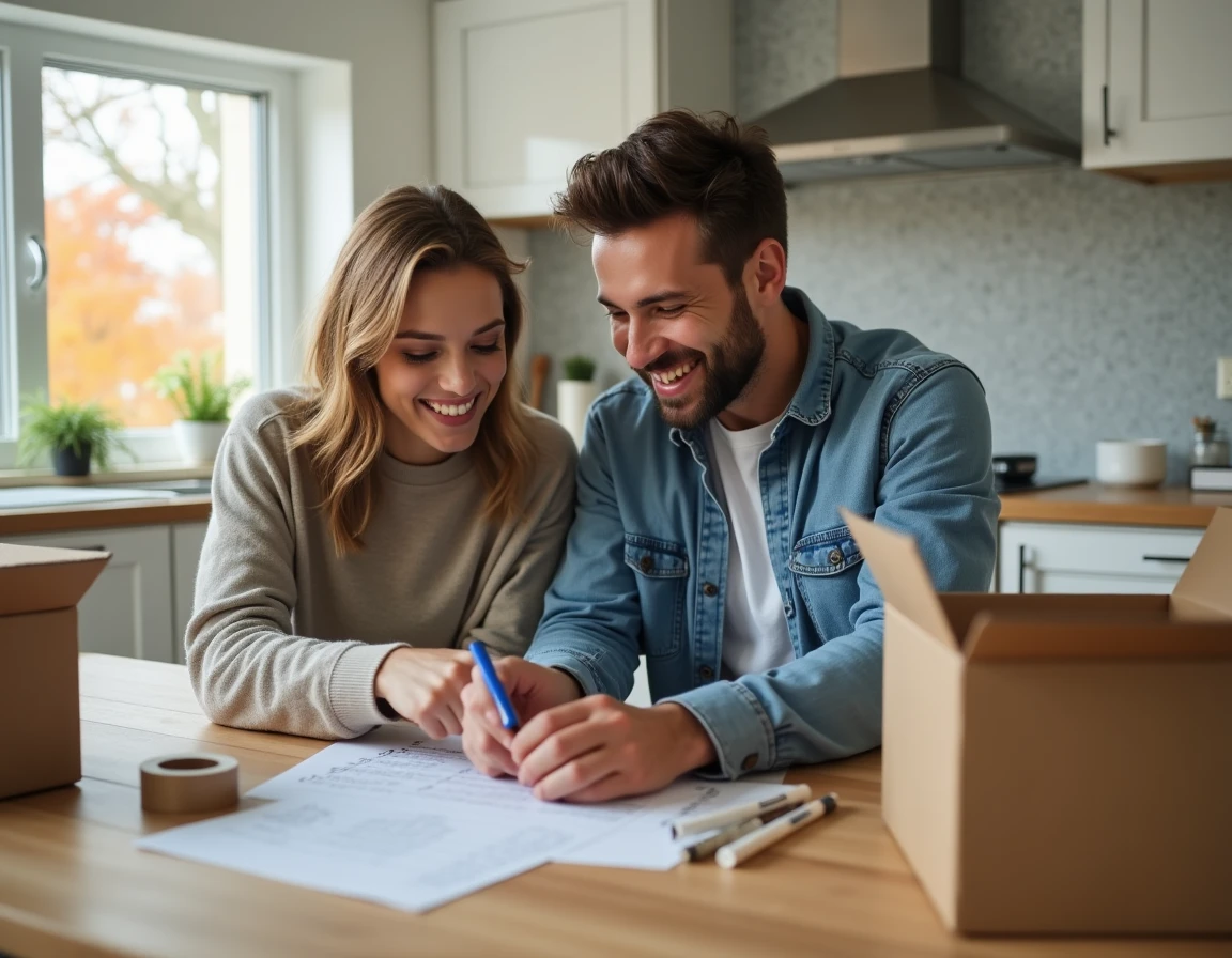 Couple planifiant leur déménagement avec une checklist imprimée entouré de cartons dans une cuisine moderne