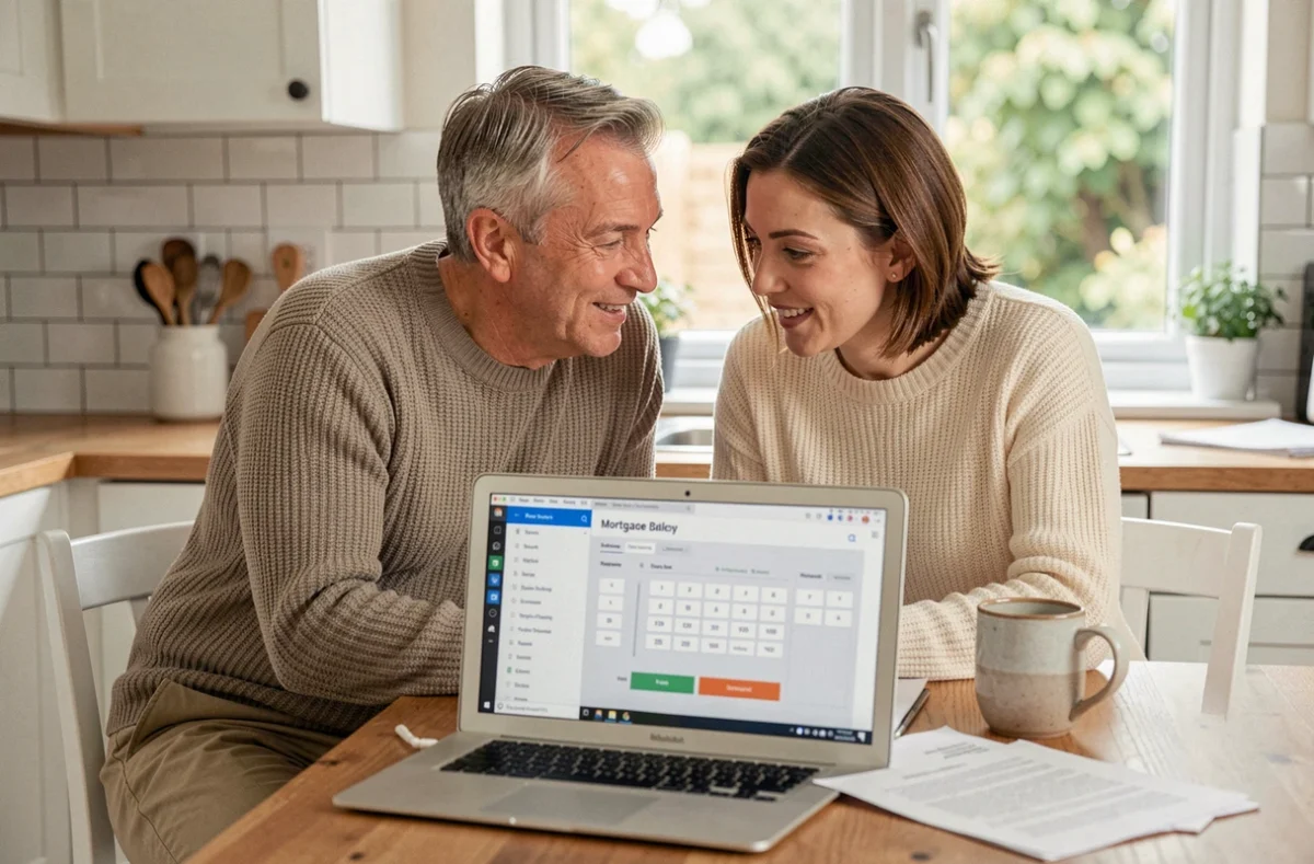 Couple planifiant leur premier investissement immobilier autour d'un calculateur de prêt hypothécaire