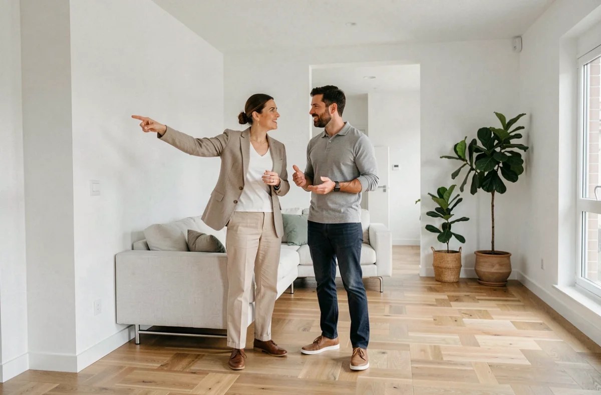 Couple visitant un appartement en vente avec home staging intérieur moderne