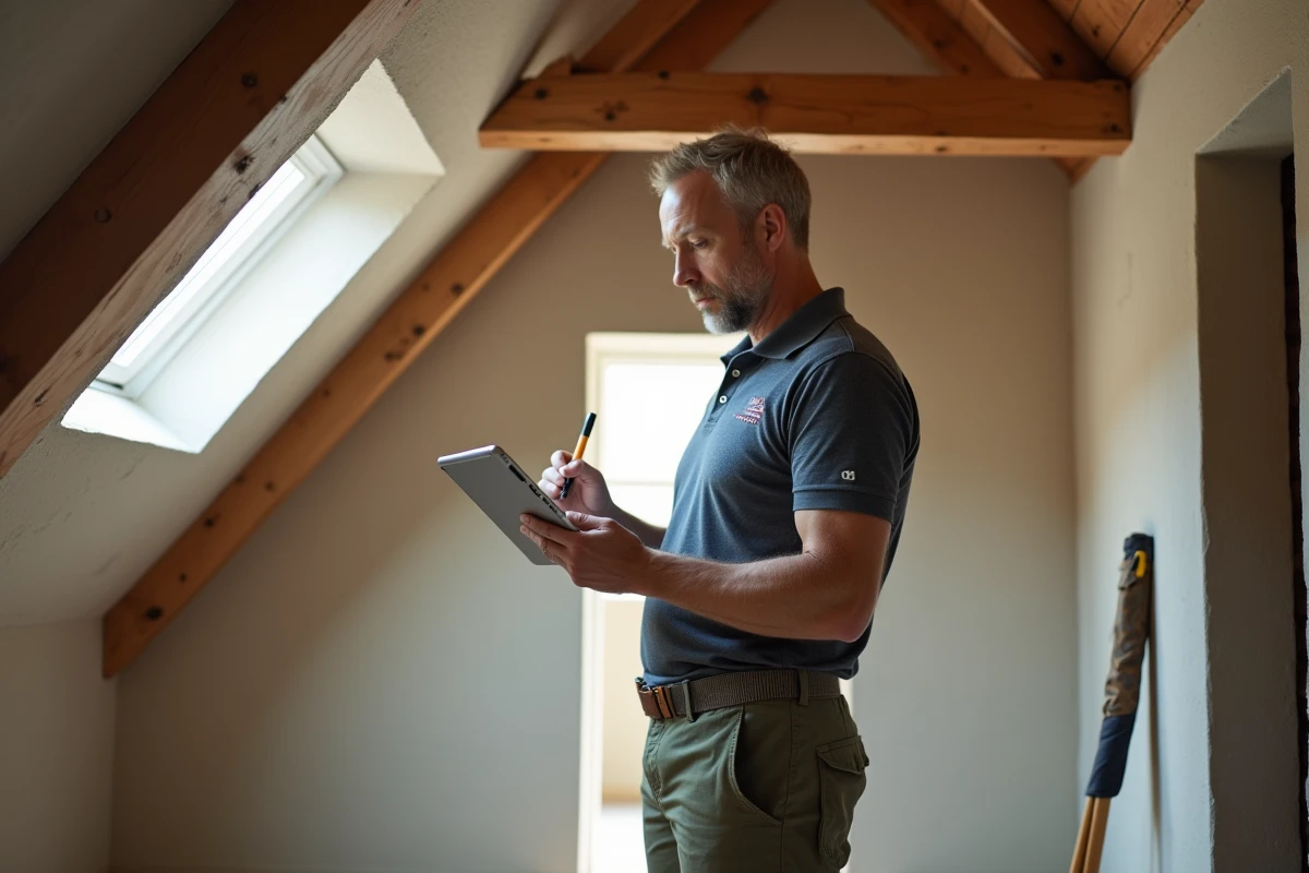 Expert diagnostiqueur mesurant la hauteur sous plafond dans des combles aménagés pour calculer la surface habitable réelle