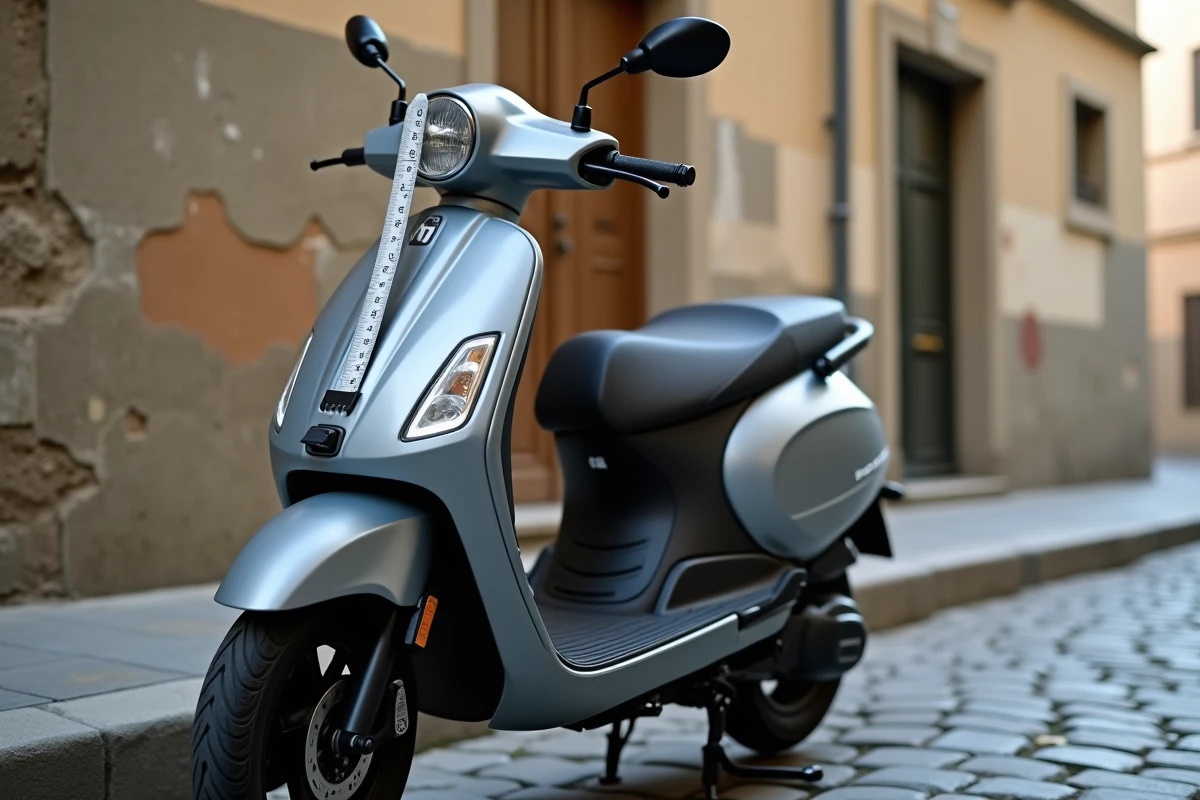 Détail des dimensions d'un scooter adulte gris avec mètre ruban sur la selle, vue grand angle en rue pavée