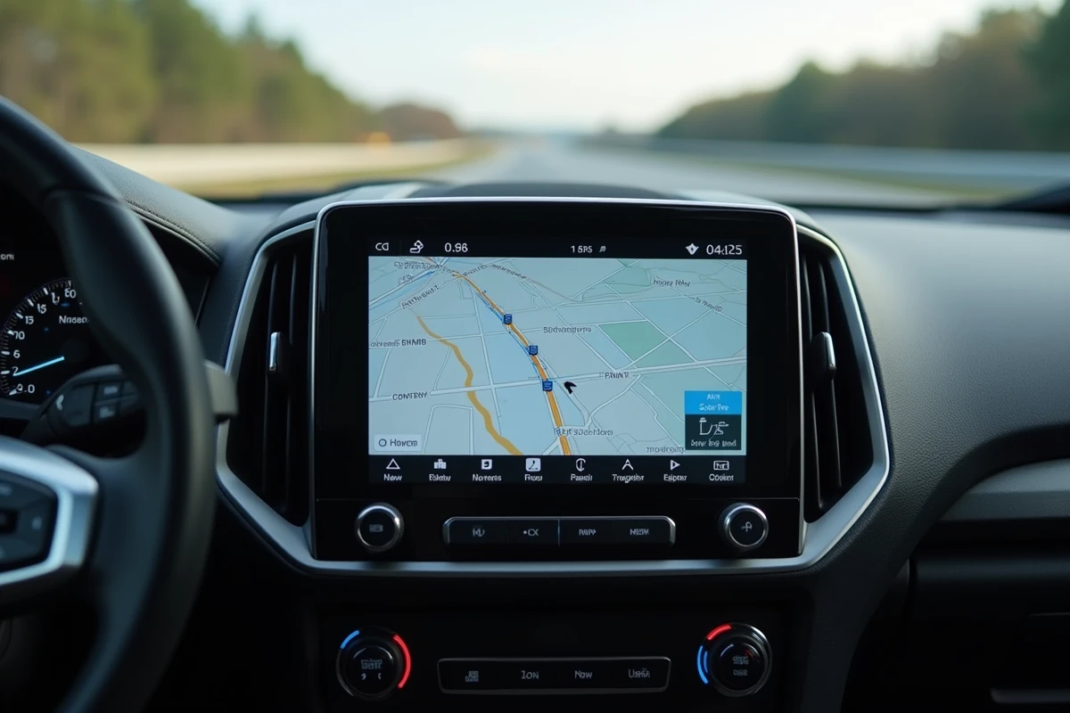 Écran Ford SYNC affichant la navigation connectée avec trafic en temps réel et itinéraire détaillé