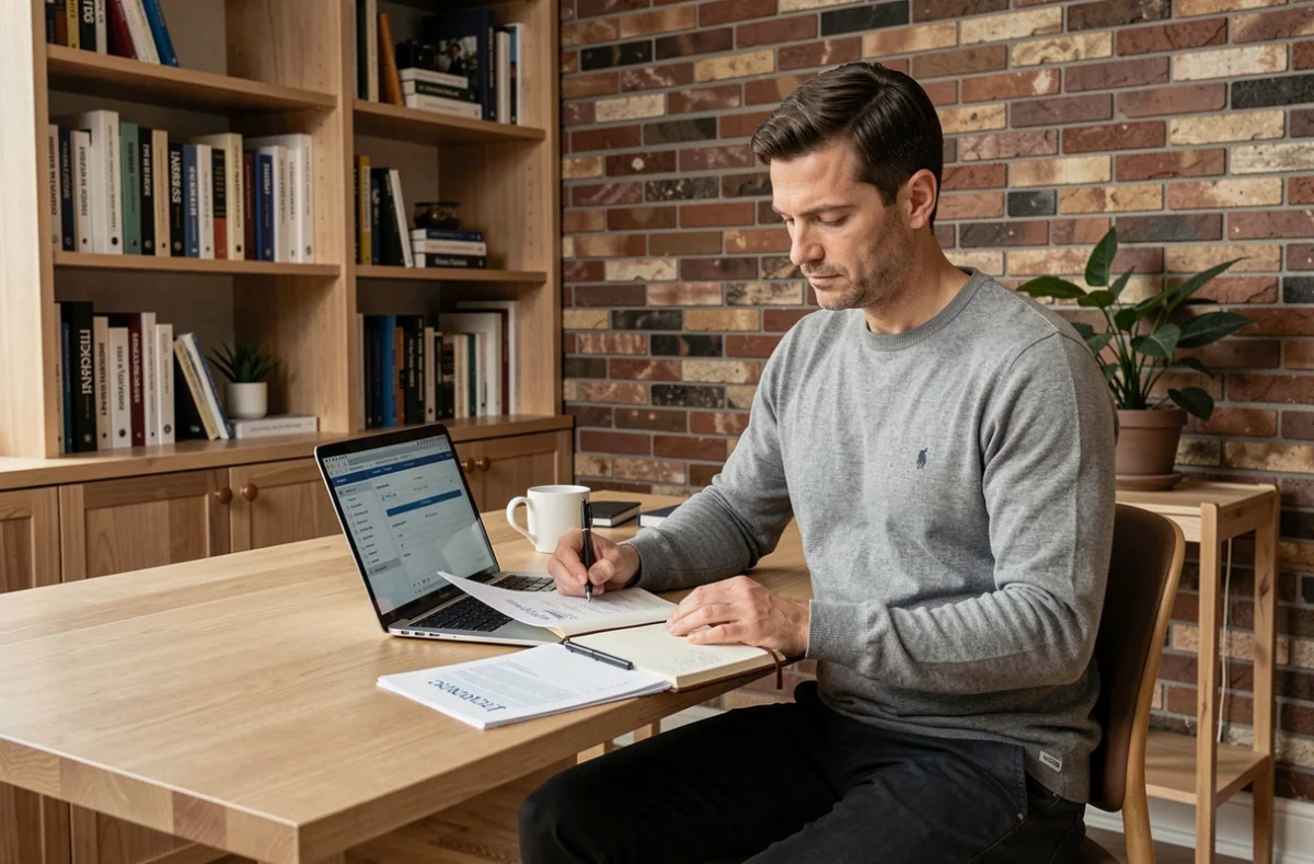 Entrepreneur travaillant sur son business plan depuis son bureau à domicile avec ordinateur portable et notes manuscrites