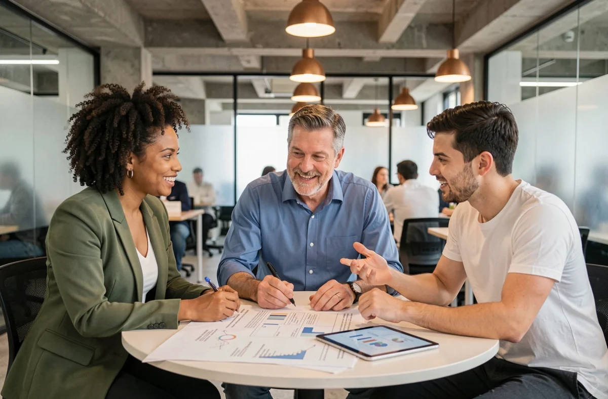 Équipe de professionnels collaborant autour d'un business plan dans un espace de coworking moderne et dynamique