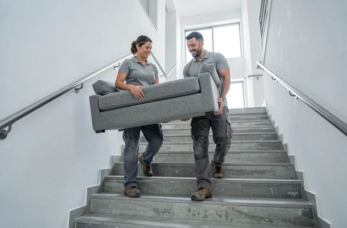 Deux déménageurs professionnels portant un canapé dans l'escalier d'un immeuble moderne lors d'un déménagement organisé
