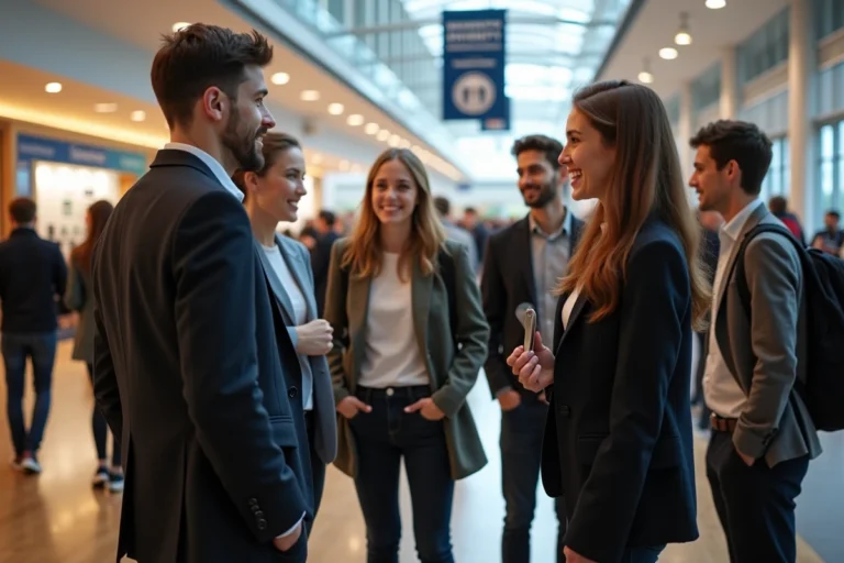 Groupe d'étudiants discutant avec un recruteur lors d'une foire universitaire