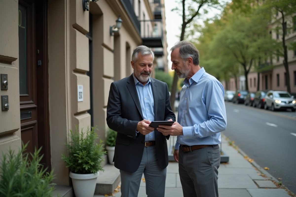 Deux professionnels de l'immobilier évaluant un immeuble locatif en consultant des données sur une tablette dans la rue