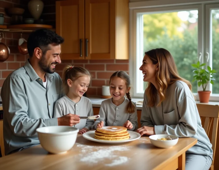 Famille multigénérationnelle qui prépare des pancakes ensemble dans une cuisine chaleureuse un matin de week-end
