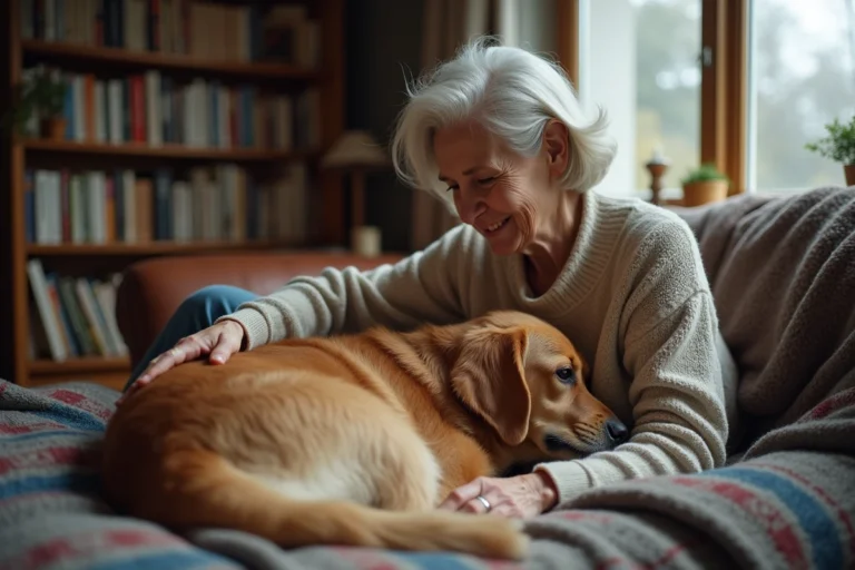 Femme âgée caressant son golden retriever senior allongé sur une couverture en laine dans un salon chaleureux