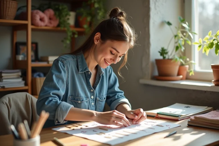 Femme créant des découpages en papier dans un atelier lumineux