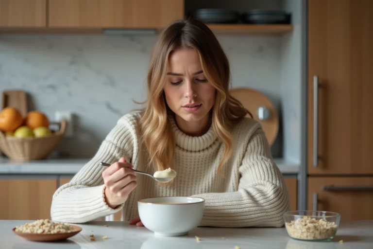 Femme examinant une crème Budwig dans la cuisine chaleureuse
