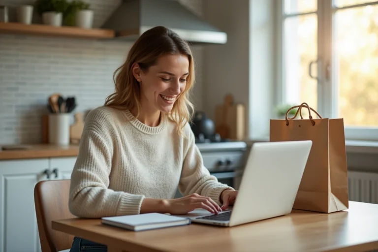 Femme en cuisine utilisant un code promo en ligne