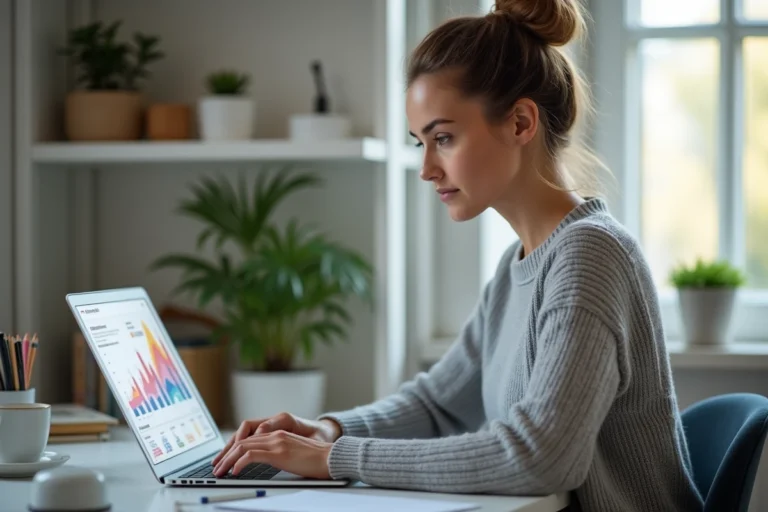 Femme entrepreneur travaillant sur un tableau de bord analytique depuis son bureau à domicile moderne pour développer son activité en ligne