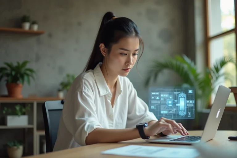 Femme utilisant une interface holographique en réalité augmentée depuis un bureau minimaliste en bois, illustrant les innovations technologiques en 2024