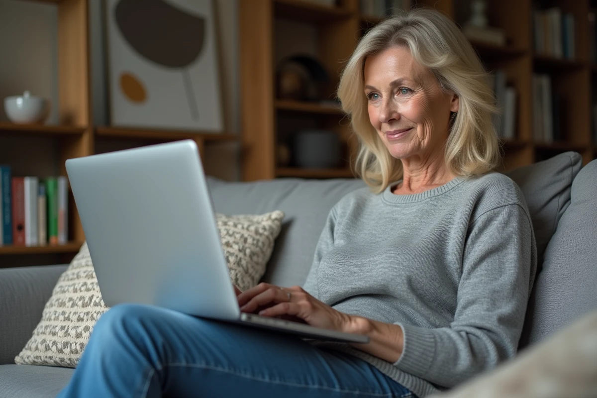 Femme utilisant un ordinateur portable dans le salon