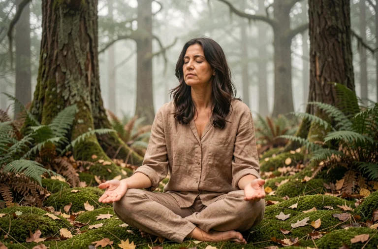 Femme en méditation profonde dans une forêt brumeuse, symbolisant l'éveil chamanique et la connexion à la nature