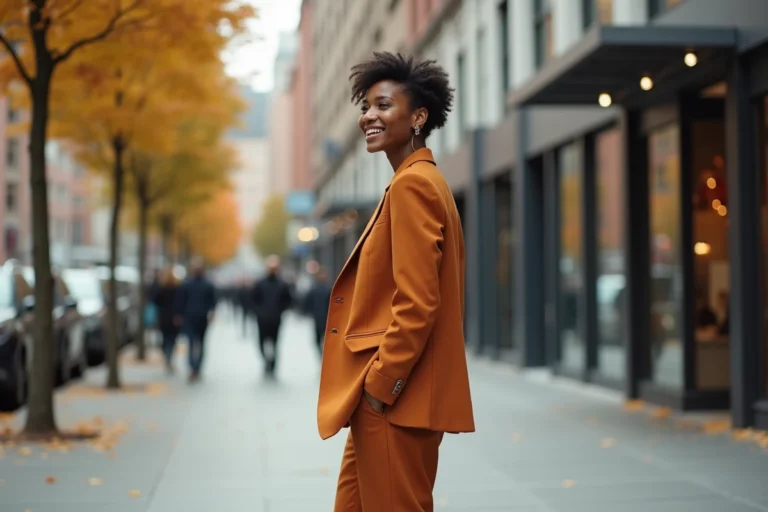 Femme confiante en blazer coloré dans la ville
