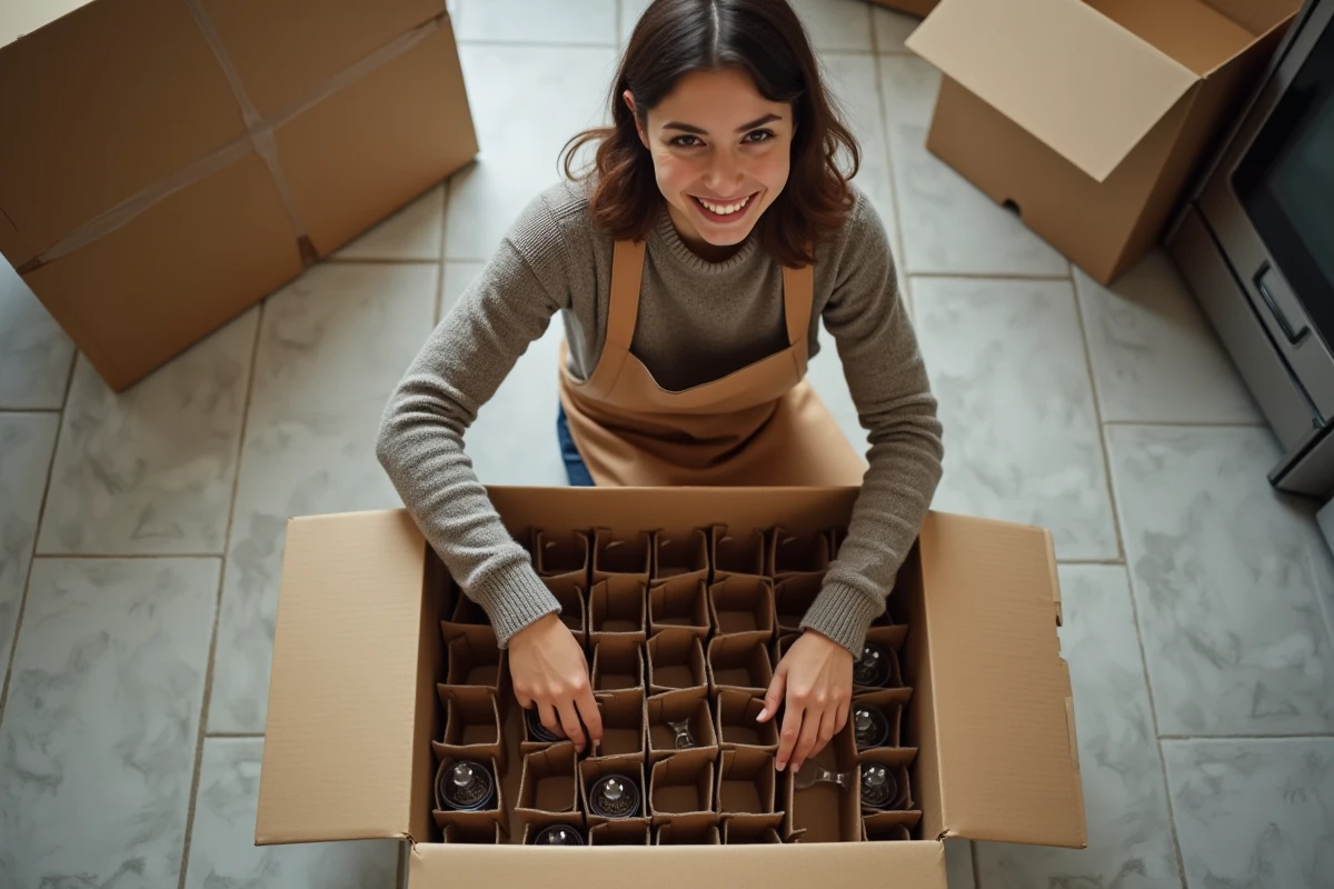 Jeune femme arrange des diviseurs en carton dans une boîte à la cuisine