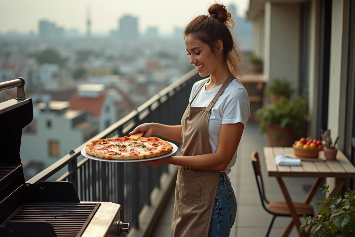 Jeune femme sortant une pizza du grill sur un balcon urbain