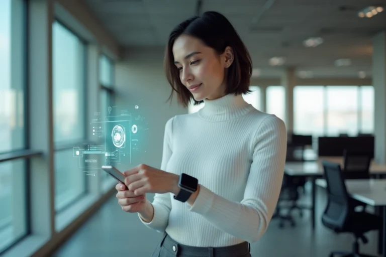 Femme utilisant une interface en réalité augmentée dans un bureau tech moderne, illustrant les dernières tendances technologiques