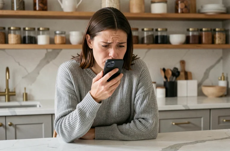 Femme frustrée utilisant la recherche vocale sur smartphone sans réponse dans une cuisine moderne