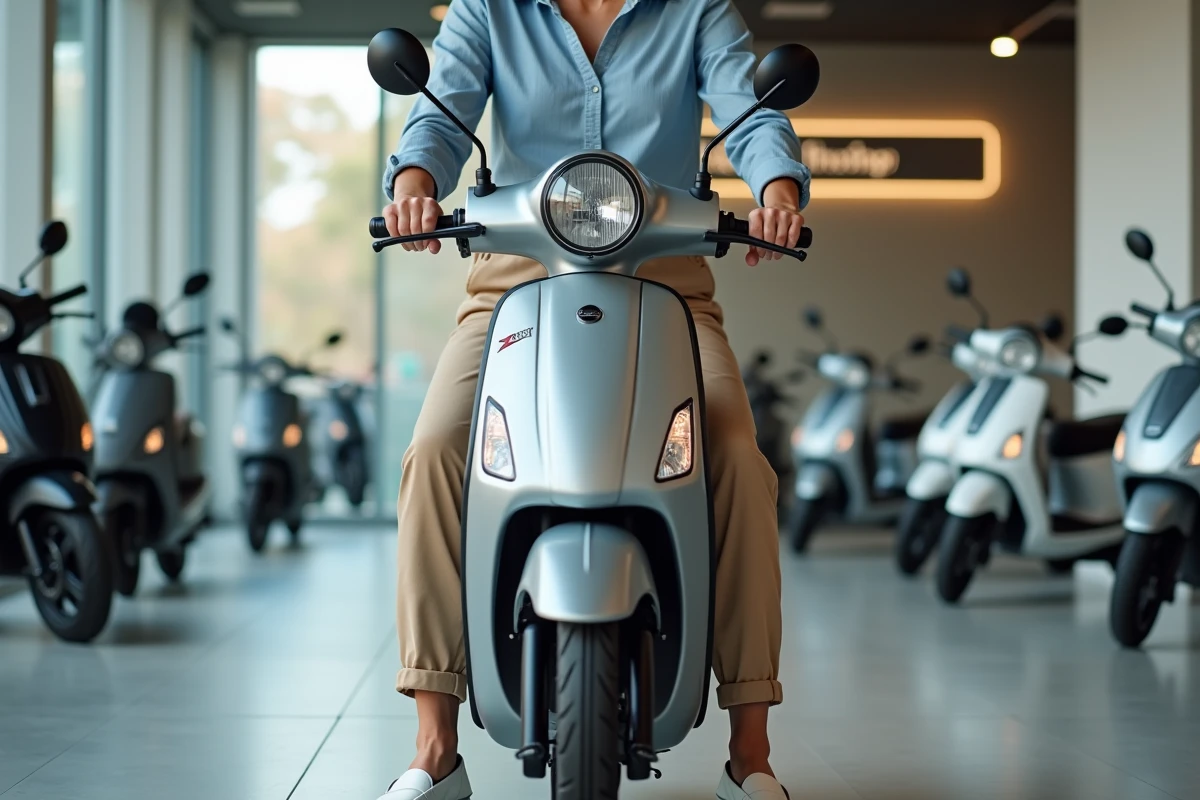 Femme adulte assise sur un scooter argenté dans une concession pour vérifier les dimensions et l'ergonomie