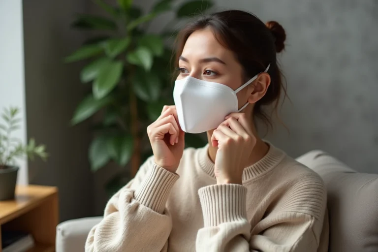 Femme appliquant un masque visage en intérieur chaleureux