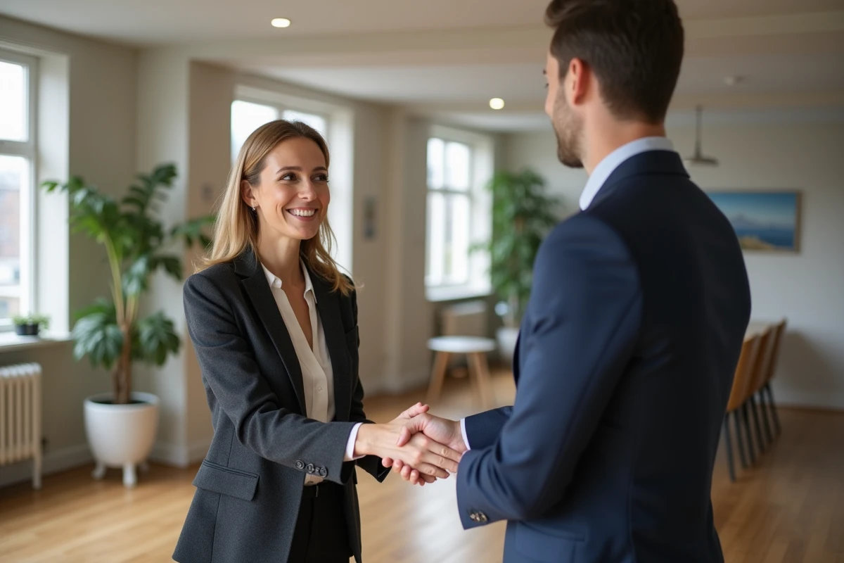 Femme souriante en blazer serrant la main d'un agent immobilier à Rennes