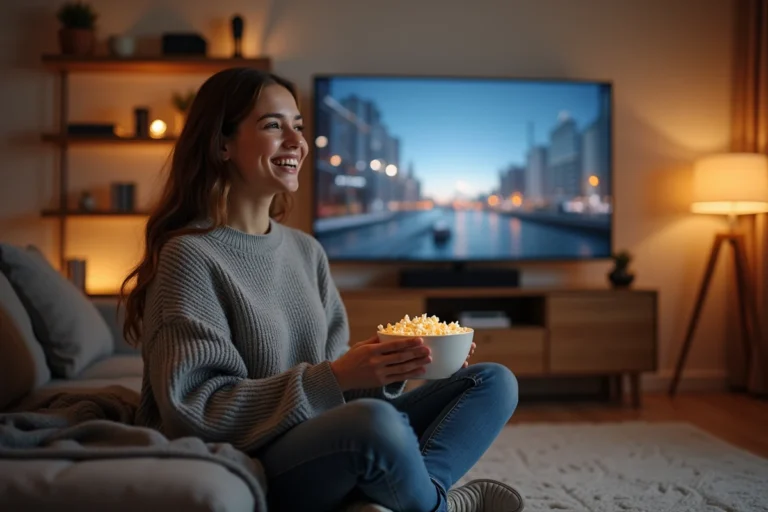 Jeune femme regardant un film en streaming légal sur sa télévision dans un salon cosy