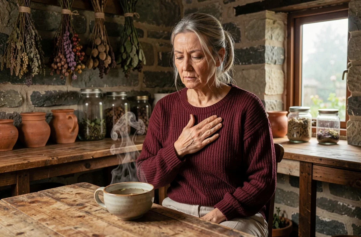 Femme contemplative devant une tisane d'herbes dans une cuisine en pierre, évoquant les pratiques intuitives et chamaniques du quotidien