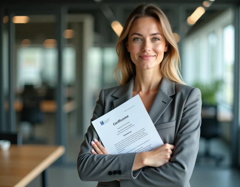Femme professionnelle tenant un document de titre professionnel dans un bureau administratif moderne