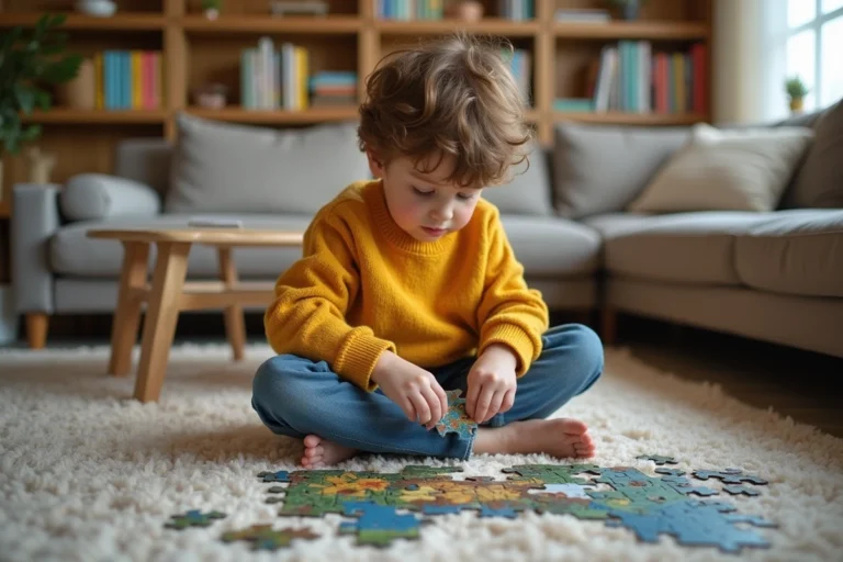 Jeune garçon de 8 ans assemble un puzzle dans un salon chaleureux